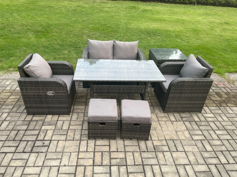 Image of Fimous Outdoor Rattan Garden Furniture Lounge Sofa Set With Oblong Rectangular Dining Table 2 Small Footstool in Dark Grey Dark Grey Unisex