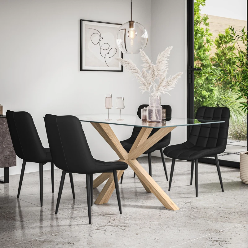 Image of More4Homes Etta Glass Dining Table And Chairs - Glass Top W Solid Oak Legs + Nova Faux Leather Dining Chair Set Of 6 (Black)