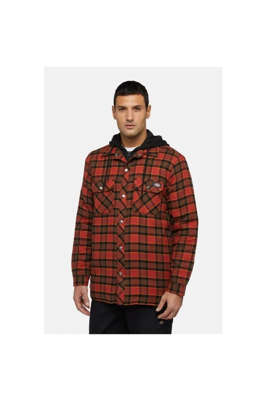Image of Dickies Dickies Men Fleece Hooded Flannel Shirt in Red Size: Medium Red M Male 196520309416