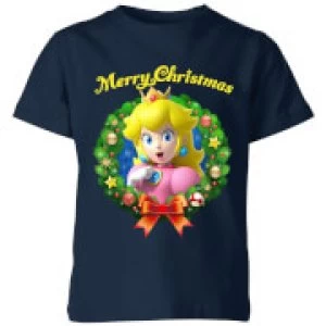 Image of Nintendo Super Mario Peach Merry Christmas Kid's T-Shirt - Navy - 3-4 Years - Navy