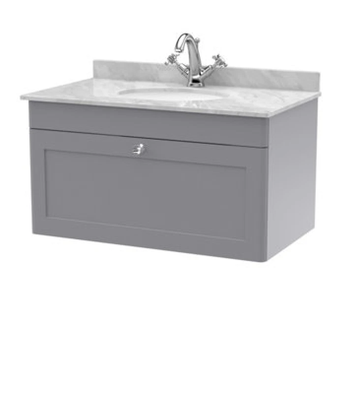 Image of nuie 800mm Wall Hung 1 Drawer Vanity & Marble Top 1TH - Satin Grey CLC296GR1