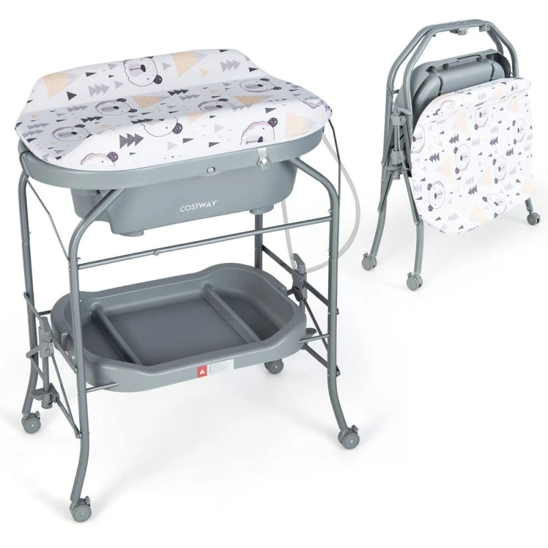 Image of COSTWAY Baby Changing Table with Bathtub Folding Infant Diaper Changing Nursery Station Multi