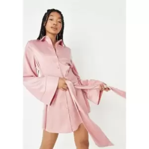 Image of Missguided Satin Tie Waist Shirt Dress - Pink