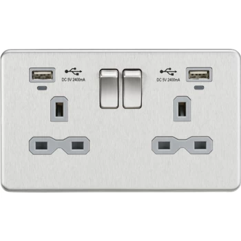 Image of KnightsBridge 13A 2G Switched Socket, Dual USB (2.4A) with LED Charge Indicators - Brushed Chrome w/grey insert