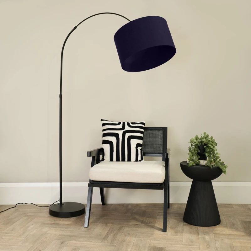 Image of ValueLights Louis Black Arched Curved Floor Lamp with Fabric Drum Lamp Shade Navy