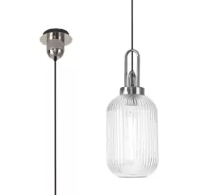Image of 1 Light Pendant E27 With 20cm Tubular Ribbed Glass, Clear Polished Nickel, Matt Black
