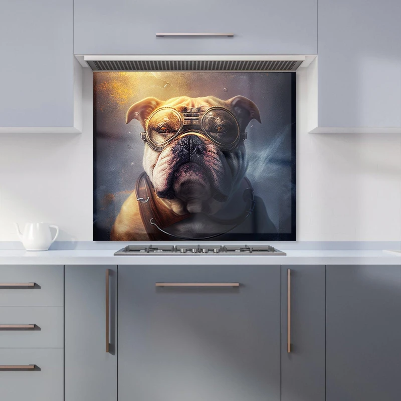 Image of Warren Reed - Designer Bulldog With Glasses Splashart Golden Kitchen Splashback in Brown Size: 900mm x 750mm Brown Unisex 900mm x 750mm