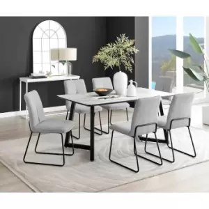 Image of Furniture Box Carson White Marble Effect Dining Table and 6 Light Grey Halle Chairs