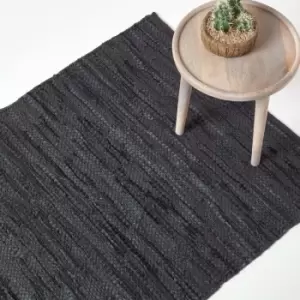 Image of Denver Leather Woven Rug Black, 150 x 240cm - Black - Homescapes