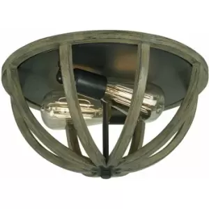 Image of Loops - 2 Bulb Flush Light Low Ceiling Weather Oak Wood Antique Forged Iron LED E27 60W