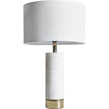 Image of White Marble and Brass Cylinder Table Lamp with Fabirc Lampshade - White
