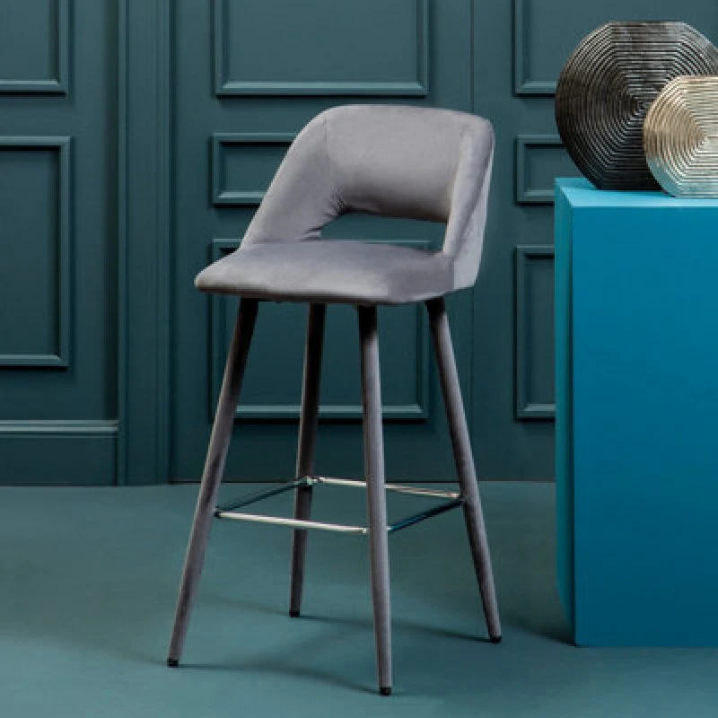 Image of Orsina Grey Velvet Bar Chair, Low-Back Modern Bar Stool With Cut-Out Design, Foam Padded Seat & Silver Footrest