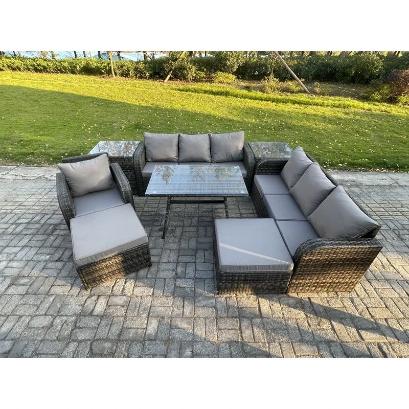 Image of Fimous Wicker 8 Pieces Rattan Garden Furniture Sofa Set with Rectangular Dining Table Armchair 2 Big Footstool 2 Side Table Dark Grey Mixed Dark Grey