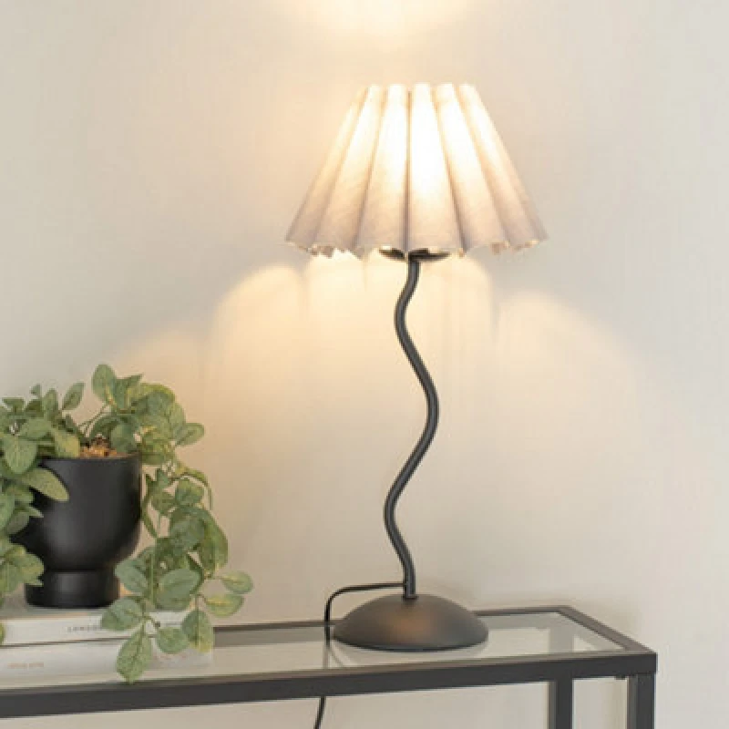 Image of ValueLights Wiggle Black Metal Single Stem Table Lamp with Scallop Tapered Lamp Shade Grey