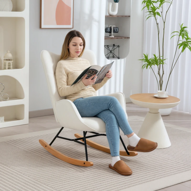 Image of HOMCOM HOMCOM Upholstered Velvet Rocking Chair with Solid Wood Legs, Cream Cream One Size Unisex 5063603035843