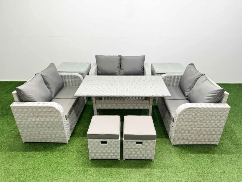 Image of Fimous 8 Seater PE Wicker Rattan Furniture Sofa Sets with Rectangular Dining Table 2 Seater Love Sofa 2 Stool 2 Side Table Light Grey Light Grey