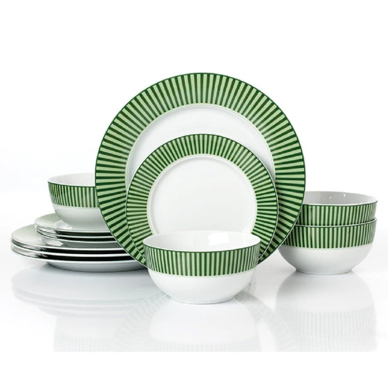 Image of 12Pc Belmont Green Stripe Dinner Set