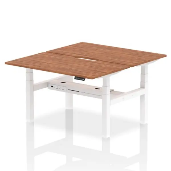 Image of Air Air Back-to-Back 1400 x 800mm Height Adjustable 2 Person Bench Desk Walnut Top with Scalloped Edge White Frame HASSE2P14800WNTW