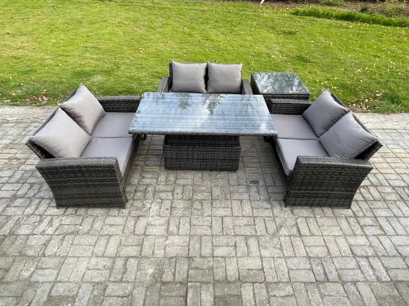 Image of Fimous 6 Seater Rattan Wicker Garden Furniture Patio Conservatory Sofa Set with Height Adjustable Rising Lifting Table Double Seat Sofa in Dark Grey D