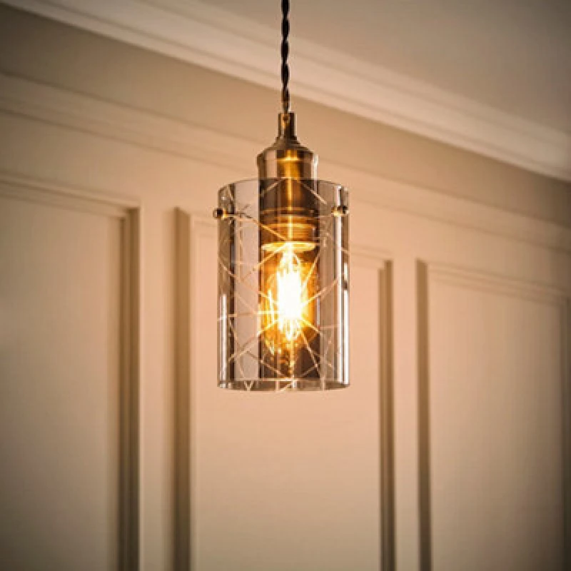 Image of ValueLights Elsie Smoked Glass Patterned Ceiling Small Cylinder Lamp Shade with LED Bulb Grey
