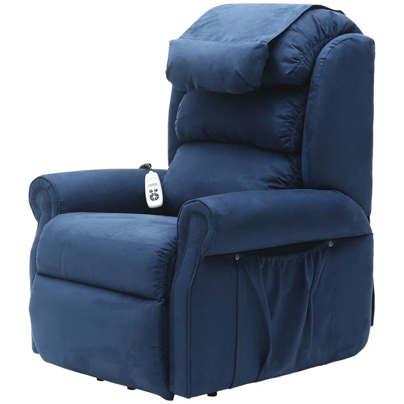 Image of Loops Dual Motor Rise and Recline Armchair - Waterfall Pillow - Blue Suedette Fabric Multi