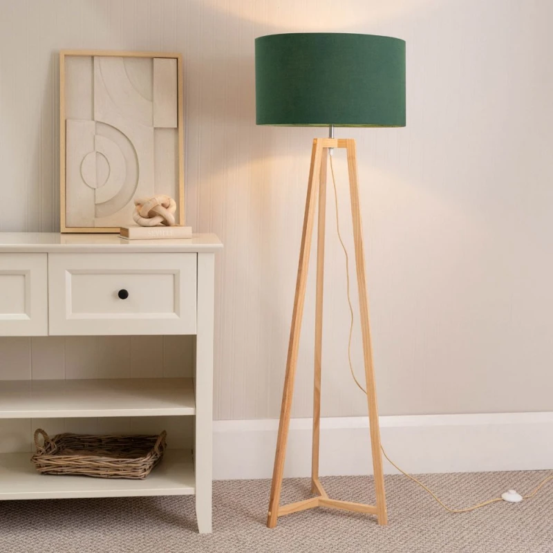 Image of ValueLights Lottie Natural Wood Tripod Floor Lamp with Fabric Drum Shade Green