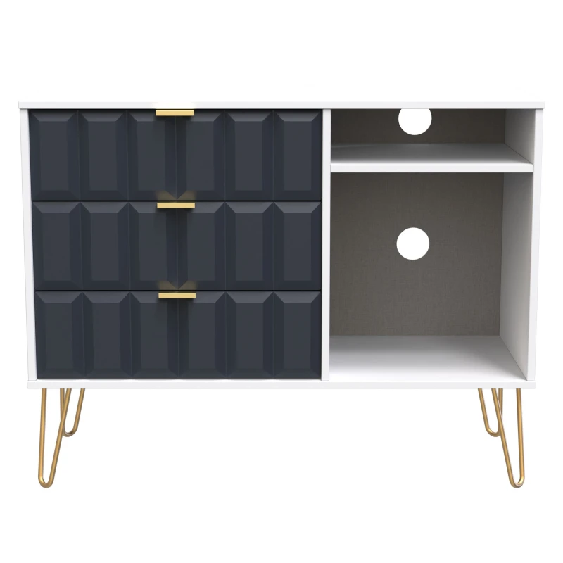 Image of Cube Ready Assembled Matt Indigo & White Media Unit With 2 Shelves & 3 Drawers, (H)97Cm X (W)74Cm X (D)39.5Cm