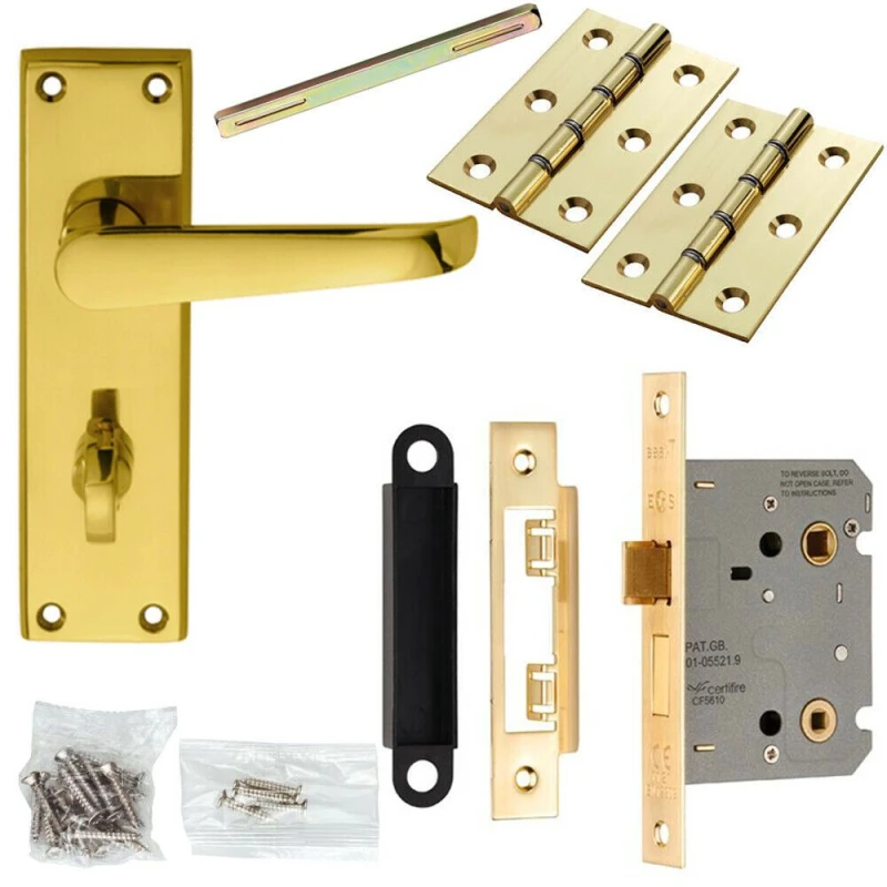 Image of Loops Door Handle & Bathroom Lock Pack Brass Victorian Straight Thumbturn Backplate Metallics unisex