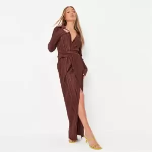 Image of Missguided Twist Front Maxi Dress Ls Plisse - Brown