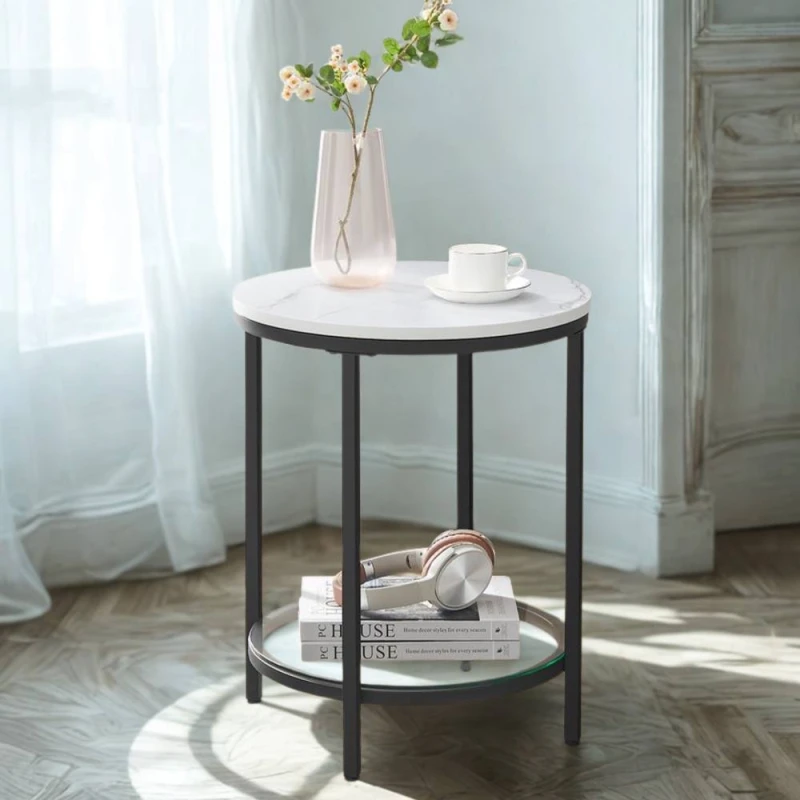 Image of Pirlo Plush 2 Tier Round Faux Marble Accent Coffee Side Table in White White Unisex