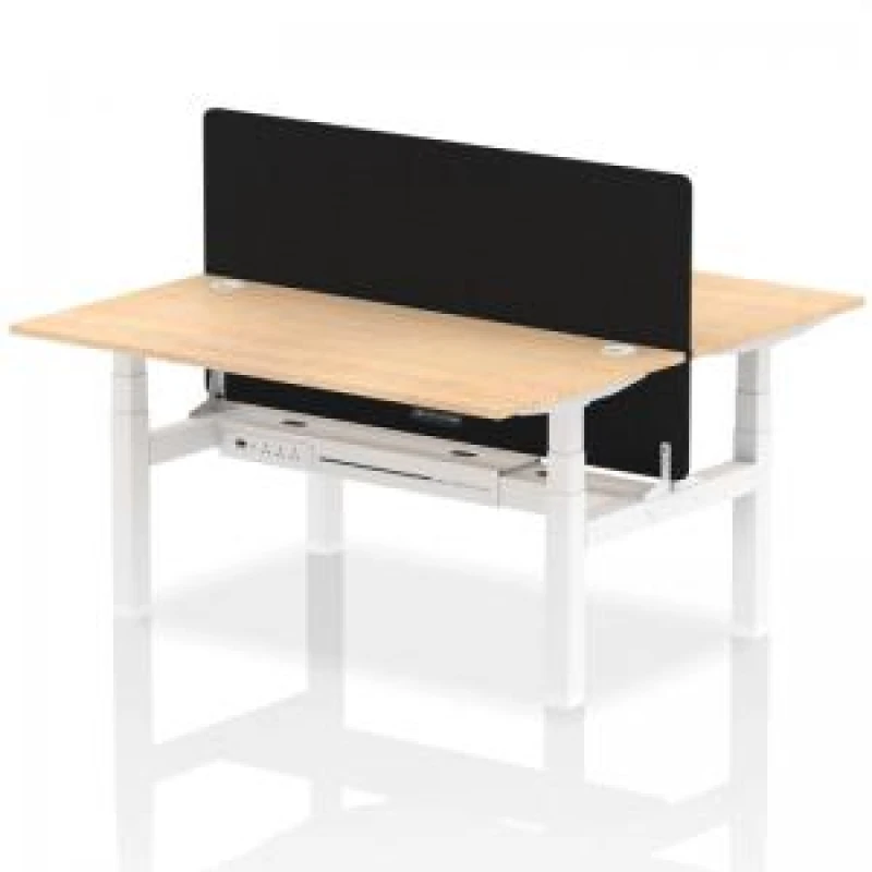 Image of Air Back - to - Back 1600 x 800mm Height Adjustable 2 Person Bench Office Desk Maple Top - Cable Ports White Frame - Black Straight Screen