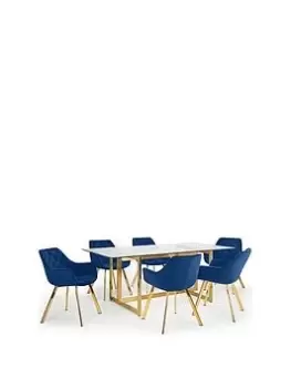 Image of Julian Bowen Minori 200 Cm Glass Top Dining Table + 6 Lorenzo Chairs - Blue/Gold