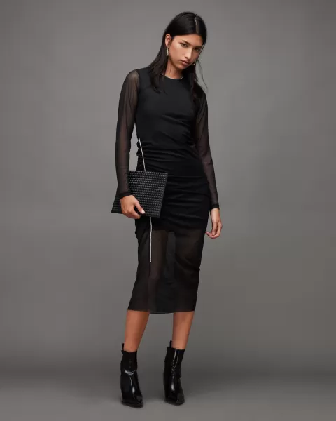 Image of AllSaints Nora Ruched Sparkle Midi Dress