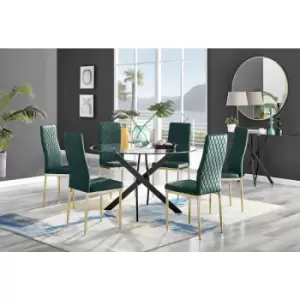 Image of Furniturebox UK - Furniturebox Novara Black Leg 120cm Round Glass Dining Table & 6 Green Milan Velvet Dining Chairs With Gold Legs Diamond Stitch