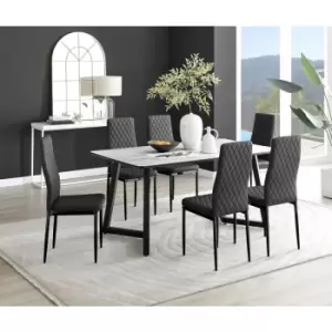Image of Furniturebox UK - Furniturebox Carson White Marble Effect Rectangular 160cm Dining Table & 6 Black Milan Black Leg Faux Leather Chairs