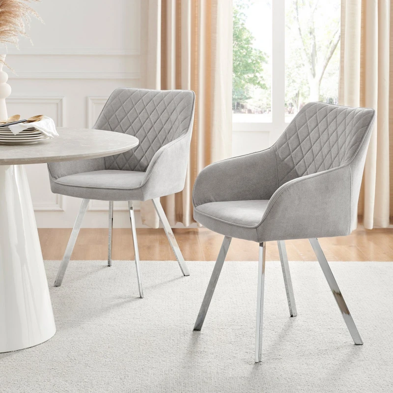 Image of FurnitureboxUK FurnitureboxUK Set of 2 Falun Deep Padded Dining Chairs Upholstered in Soft & Durable Fabric With Silver Chrome Legs in Light Grey Ligh