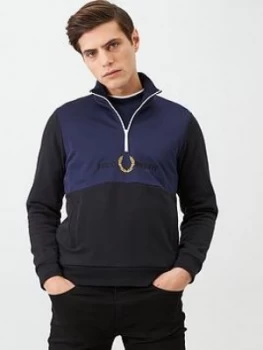 Image of Fred Perry Embroidered Half Zip Track Jacket - Black, Size S, Men