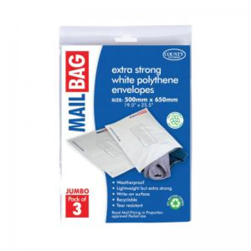 Image of County Stationery Mail Bag Envelopes Extra Strong Polythene 10x3 Jumbo 500x650mm White (30 Pack) C263