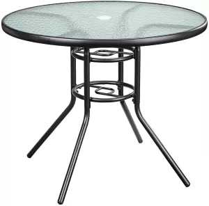 Image of Outsunny Glass Top Garden Table Curved Metal Frame w/ Parasol Hole 4 Legs Outdoor Balcony Sturdy Friends Family Dining Table -Grey