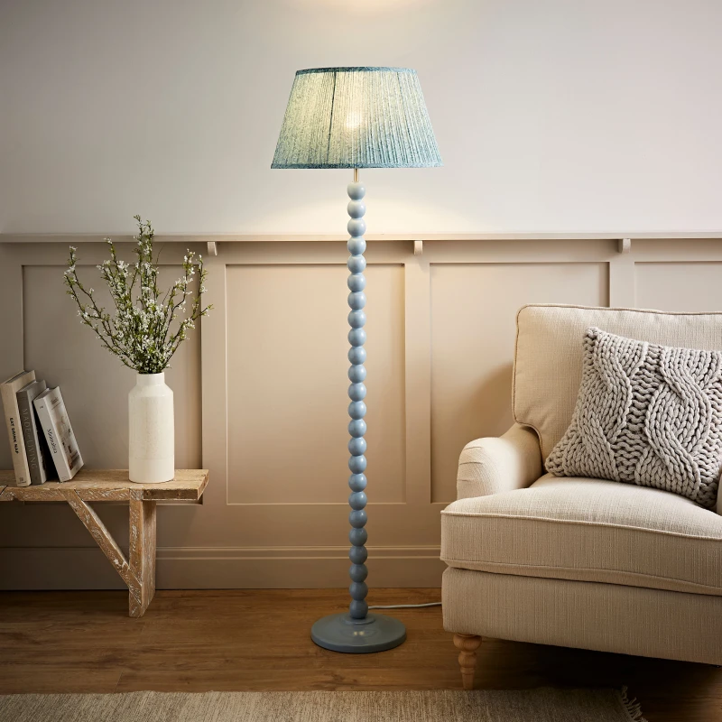 Image of ValueLights ValueLights Bobbin Bobbles Floor Lamp with Leaf Pleated Tapered Lamp Shade in Pale Blue Pale Blue One Size Unisex 5059406067709