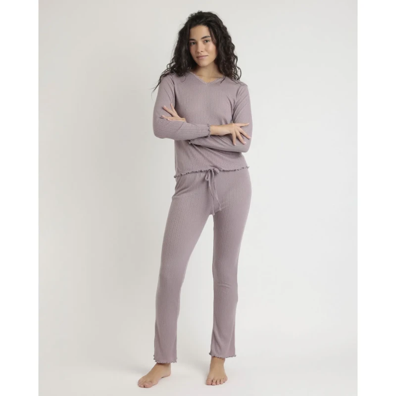 Image of Admas Womens long sleeve ribbed V-neck pyjama Admas Soft Violet Female M