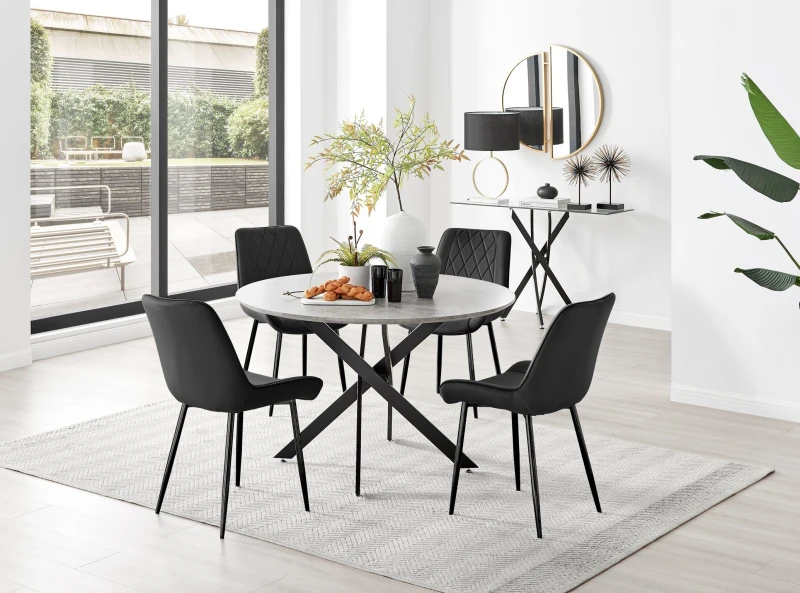 Image of FurnitureboxUK FurnitureboxUK Novara Grey Concrete Effect Black Leg 120cm Round Dining Table & 4 Pesaro Black Leg Chairs Black One Size Unisex 5056657