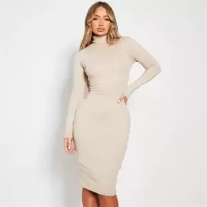 Image of I Saw It First Cotton Rib Long Sleeve Roll Neck Mini Dress - Brown