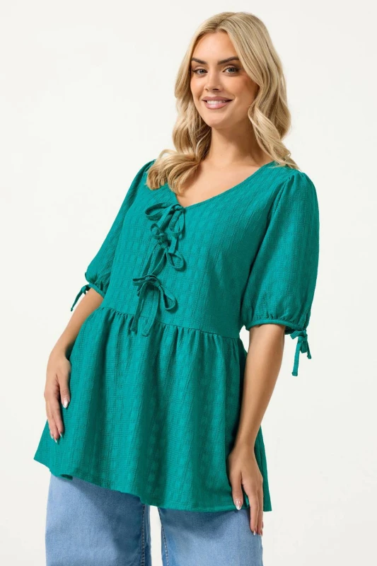 Image of Yours Womens Textured Bow Tie Front Top in Teal Size: 22-24 Teal Female 22-24