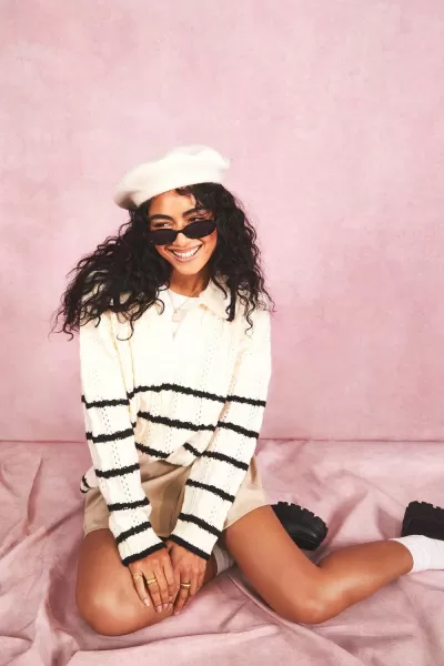 Image of Soft Knit Cable Stripe Polo Collar Jumper