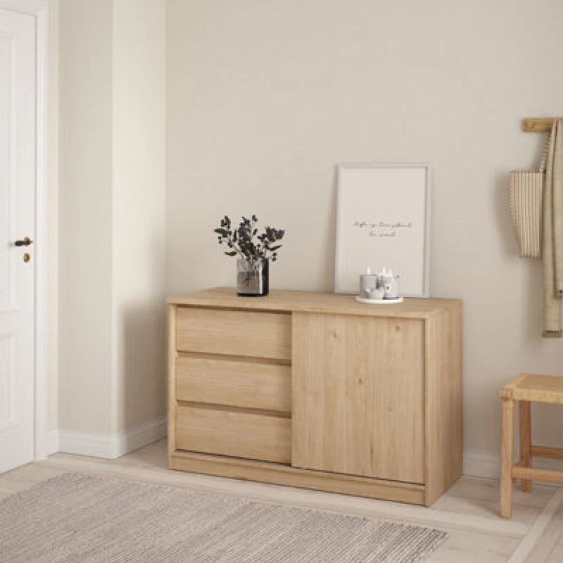 Image of Furniture To Go Naia Storage Unit With 1 Sliding Door And 3 Drawers In Jackson Hickory Oak (W) 118.9 X (H) 75.6 X (D) 50Cm