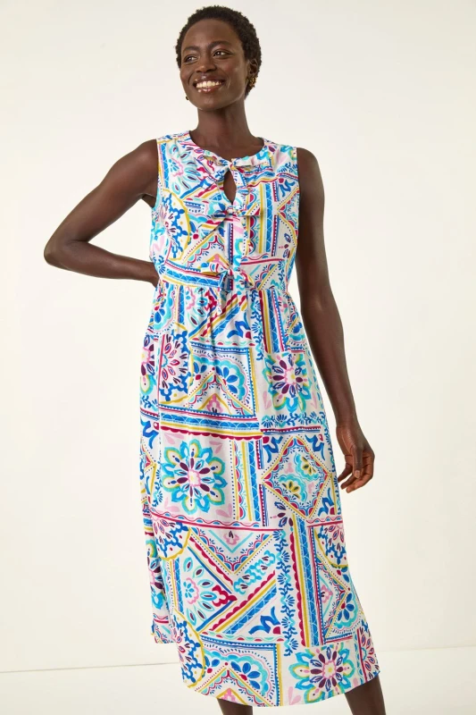 Image of Roman Womens Tie Print Bow Front Midi Dress in Light Blue Size: 16 Light Blue Female 16