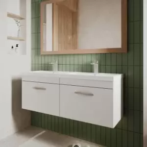 Image of Nuie - Athena Wall Hung 2-Drawer Vanity Unit with Double Ceramic Basin 1200mm Wide - Gloss White