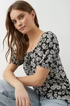 Image of Black Ditsy Shirred Hem Tie Detail Top
