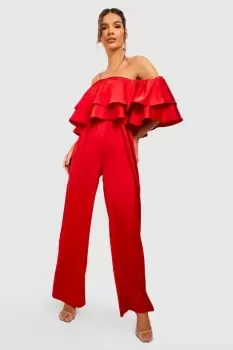 Image of Tiered Ruffle Bardot Wide Leg Jumpsuit